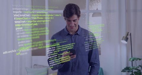 Man Interacting with Holographic Code Display in Contemporary Living Room