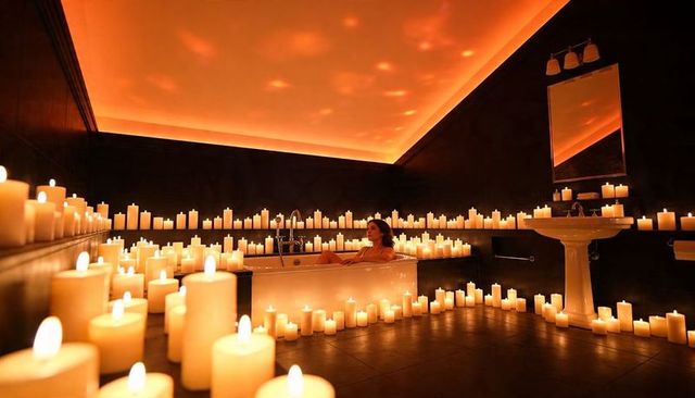 Woman relaxing in candlelit bathtub surrounded by warm pillar candles