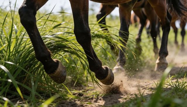 Thundering horse hooves kicking up dust on narrow dirt trail through tall green grass