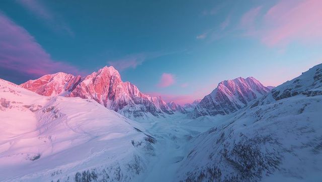 Pink alpine sunrise over snowy jagged peaks and glacial valley