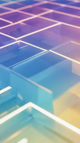 Vertical video panning through translucent neon grid panels in 3D space