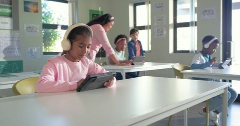 Elementary students using tablets in classroom while teacher guiding digital learning