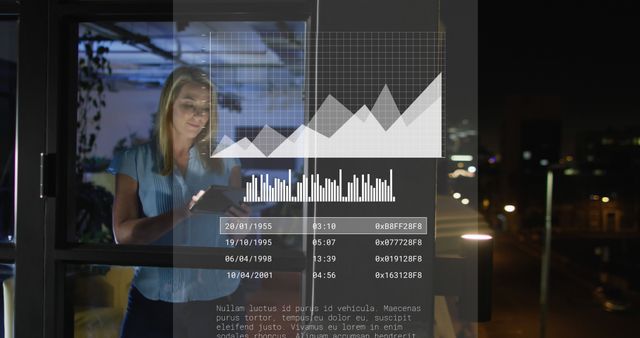 Image of data processing over caucasian woman using tablet while working late at office. Computer interface and business technology concept