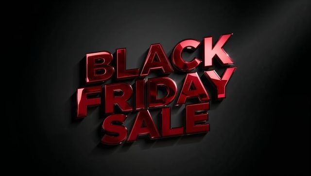 Glossy red 3d black friday sale text featuring dramatic lighting, deep shadows, contrast