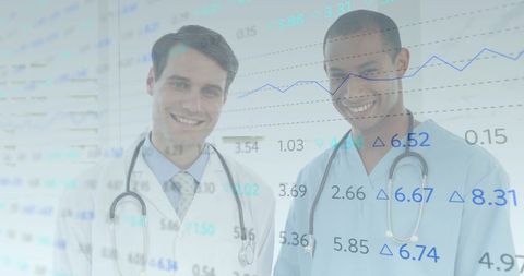 Healthcare professionals analyzing medical data with overlayed graphs