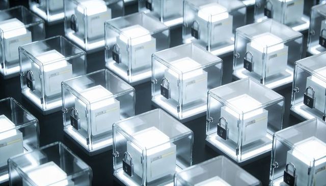 Glowing Data Cubes Locked in Transparent Acrylic Boxes Representing Digital Security Grid