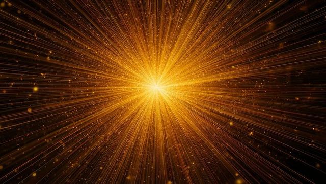 Radiating golden starburst core emitting dynamic light rays and floating spark particles