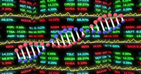 Futuristic DNA Helix with Stock Data and Technology Graphics
