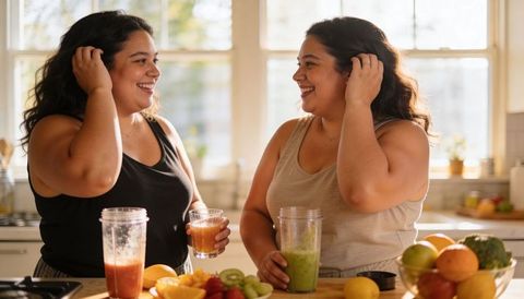 Sunlit morning chatting hispanic women at kitchen counter holding smoothies