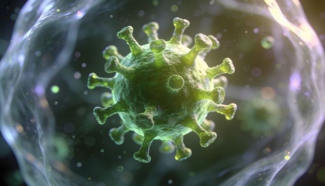 Green coronavirus particle with spike proteins floating in cellular fluid, 3d rendered close-up