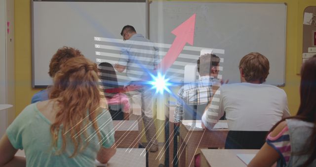 Image of prismatic halo and digital interface with graphs and data moving over teacher using whiteboard during adult education class. Global digital network and education digital composite.