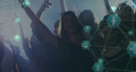 Friends Dancing at Smoky Nightclub with Digital Overlay