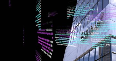 Streaming Neon Code Ribbons Reflecting on Glass Facade Creating Futuristic Urban Interface
