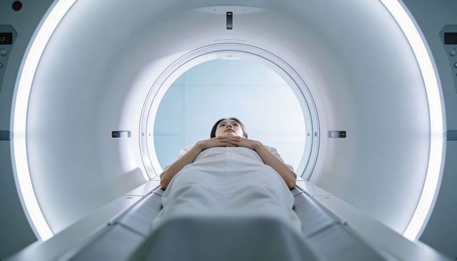 Patient lying in mri machine undergoing diagnostic exam in modern sterile hospital room