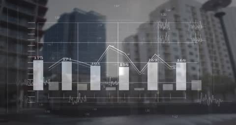 Animating data overlay over blurred canal skyline with expanding bars and line trends