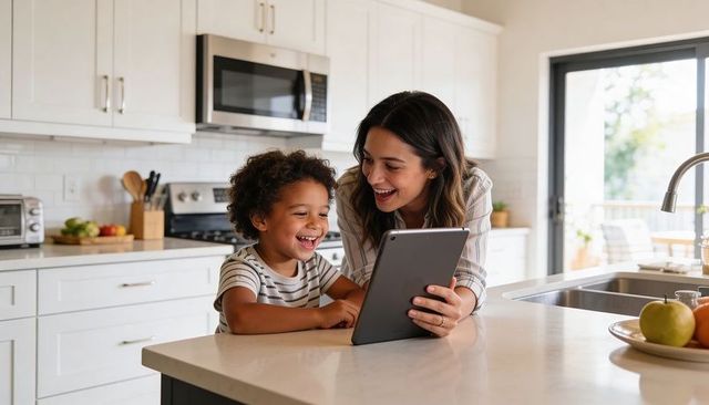 Laughing mother and son sharing tablet at bright modern kitchen island, bonding moment