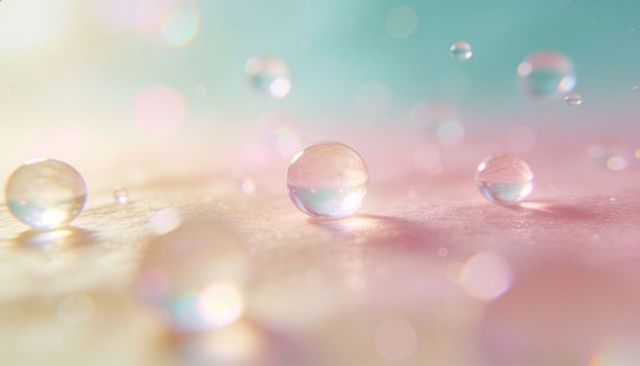 Reflecting iridescent water droplets on pastel paper macro with soft bokeh glow