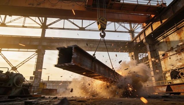 Collapsing rusted steel beam striking concrete floor with sparks in sunlit industrial gantry