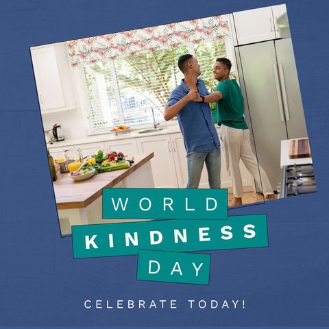 Diverse Gay Couple Celebrating World Kindness Day in Kitchen