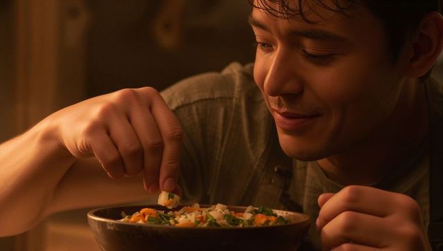Asian chef plating garnished ceramic bowl with herbs and diced vegetables in warm kitchen light