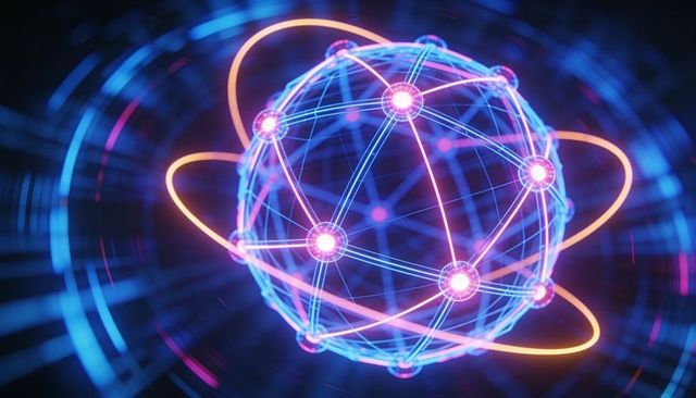 Pulsing neon geodesic sphere with glowing nodes and orbiting rings in digital cyberspace