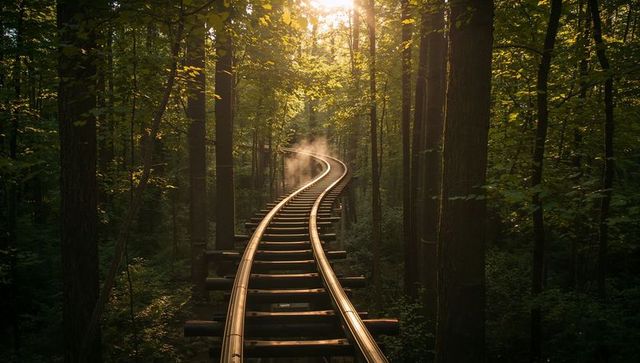 Serene Railway Path Through Dense Forest at Sunset