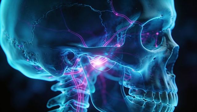 Translucent skull revealing glowing neural pathways and jaw anatomy with neon filaments