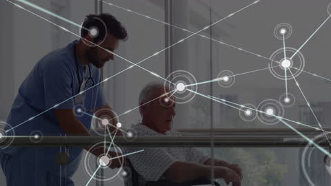 Doctor Assisting Elderly Patient with Network of Digital Connections