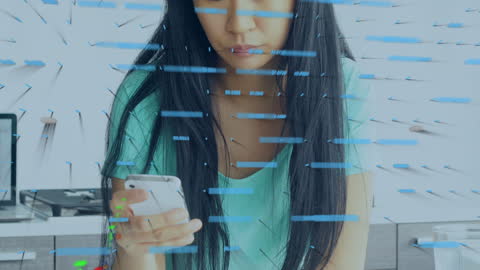 Young woman engaging with a smartphone surrounded by a digital interface overlay with blue arrow animations. Represents themes of connectivity, social media, networking, technology usage, and digital interactions. Suitable for illustrating modern communication, technological advancements, and social media engagement insights.