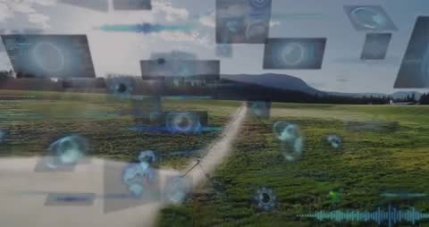 Futuristic Digital Interface Over Rural Landscape