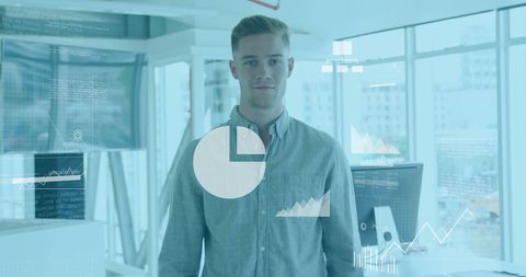 Smiling Business Professional Surrounded by Digital Data Interface