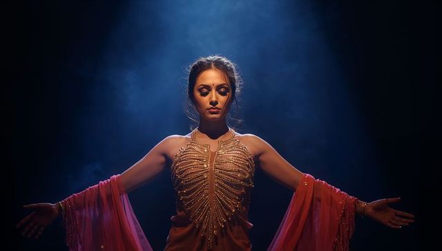 Indian dancer performing under spotlight wearing gold-beaded bodice and flowing pink drape