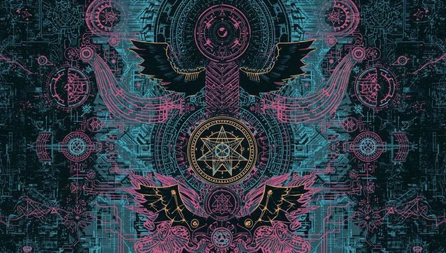 Futuristic Geometric Design with Golden Heptagram and Winged Elements