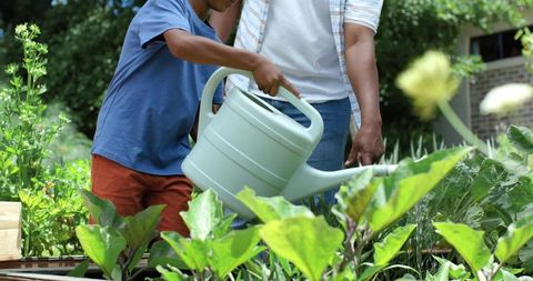 African american man teaching boy gardening and watering raised vegetable bed in backyard