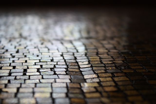 Close-up view of wet cobblestone path capturing the reflective surface and smooth texture. Perfect for background in urban setting, articles or blogs related to historic streets, rainy day themes, cityscape designs, or medieval architecture.