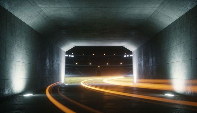 Cinematic concrete tunnel revealing illuminated stadium field with amber light trails