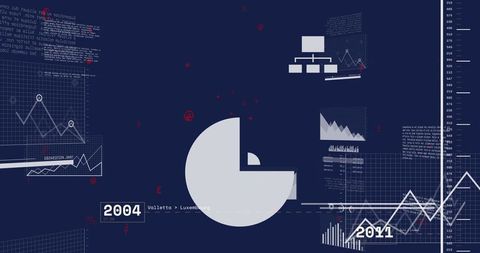 Data Dashboard with Central Pie Chart and Line Graphs Showing Timeline Analytics 2004-2011