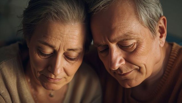 Senior couple leaning heads together sharing quiet tender moment at home in warm light