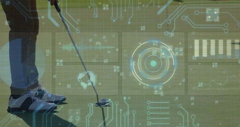Golfer with High-Tech HUD on Putting Green, Emphasizing Innovation