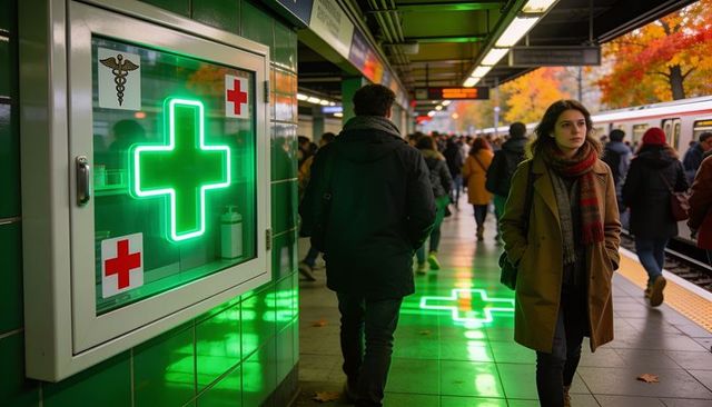 Commuter walking past neon medical cross on autumn metro platform