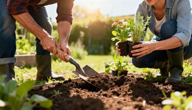 Couple planting flowering seedlings in sunny backyard garden using hand shovel and wearing boots