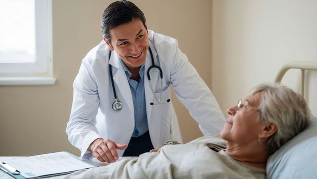 Caring physician leaning at bedside consulting elderly patient, smiling with stethoscope