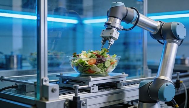 Cobot Arm Picking Glass Salad Bowl on Conveyor for Automated Food Processing