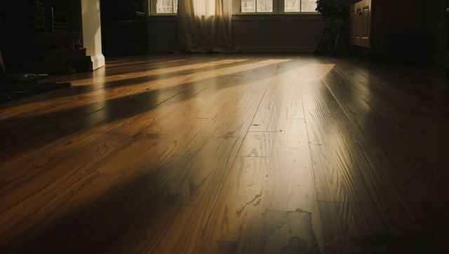 Glowing hardwood floor reflecting warm sunlight through sheer curtains, wood grain detail