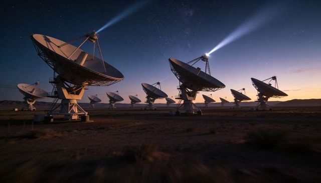 Desert radio telescope array scanning starry sky at twilight, parabolic dishes projecting beams