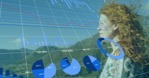 Financial Data Analysis Overlay on Pensive Woman Outdoors