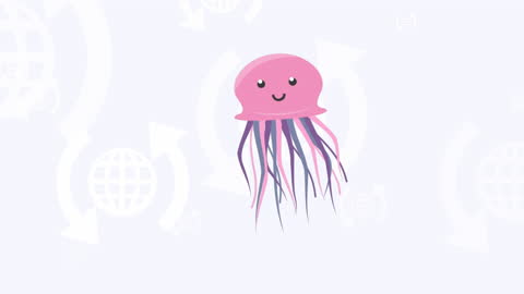 Cute Animated Jellyfish with Globe and Digital Interface Elements