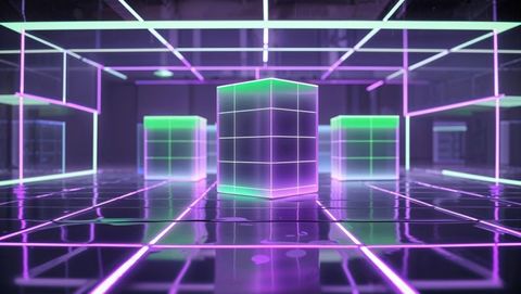 Futuristic Neon Cube in Immersive Virtual Reality Space