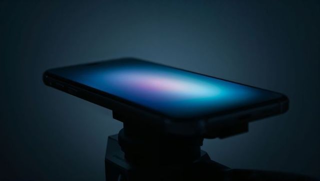 Glowing smartphone on mini tripod head with blue gradient screen for tech product showcase