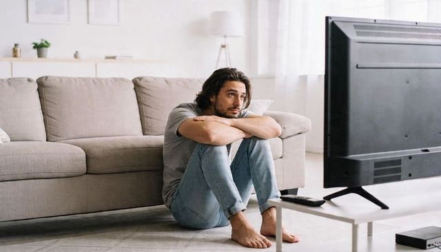 Thoughtful man sitting on floor watching tv in minimalist living room with neutral sofa